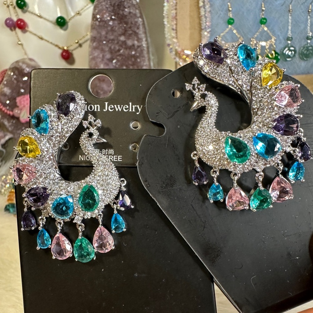 Giant Multicolor Peacock Earrings, Party Earrings 2×1.25 inches - Picture 4 of 5